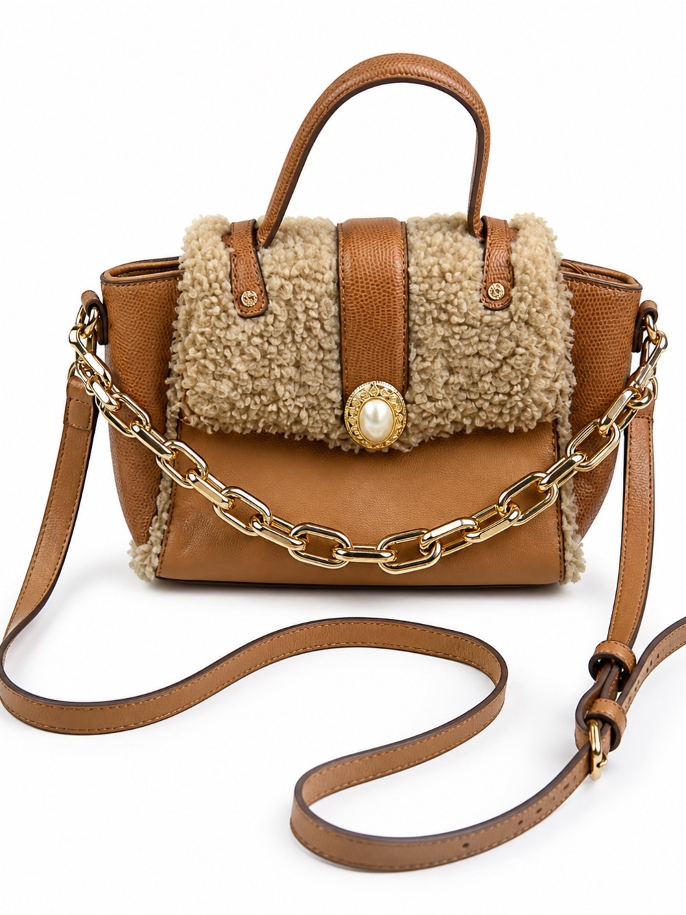 Anne Klein Vintage Y2K Mixed Media Sherpa Crossbody Satchel Brown Pearl Accent - Picture 1 of 15